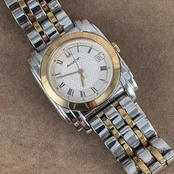 Vintage Sculptured Accutron Bulova T2 Man's Watch 2 Tone Gold & Stainless Steel - Picture 3 of 13